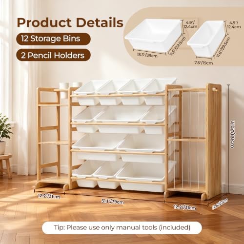 Toy Storage Organizer with Bookshelf and Stuffed Animal Storage, 12 Removable Bins and Open Shelves, Kids Playroom Organizer for Nursery, Bedroom and Living Room, 55.5 Inch Wide