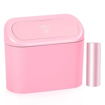 NBTEPEM Pink Car Trash Can with Lid, Mini Auto Garbage Can with 30 Trash Bags, Leakproof Automotive Garbage Container Bi
