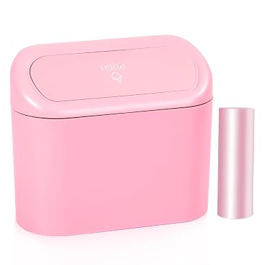 NBTEPEM Pink Car Trash Can with Lid, Mini Auto Garbage Can with 30 Trash Bags, Leakproof Automotive Garbage Container Bi