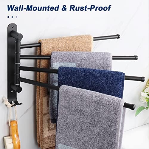 Swivel Towel Rack, 13.8" Thicken 304 Stainless Steel 4-Arm Towel Bar, Space Saving Wall Mounted Towel Holder with Hook, Rustproof Swing Out Towel Hanger for Bathroom, Kitchen (Matte Black)