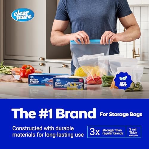 Double Zipper Storage Bags - Quart Size - 300 Count, (4 Packs of 75), Reusable Thick Food Storage Bags, BPA Free - Resealable Containers for Lunch, Snacks, Meals