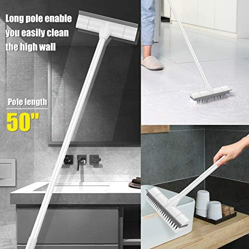 Floor Scrub Brush with Long Handle, 2 in 1 Scrape and Brush, Stiff Bristles for Cleaning Bathroom, Patio, Garage, Kitchen, Deck, Tile