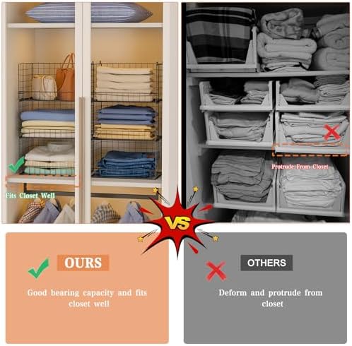 6-Tier Stackable Closet Organizers and Storage Shelves, Closet Shelf Organizer Basket Bins, Foldable Sweater Storage for Clothes Organizer System, Black（Patent No. 30022416）