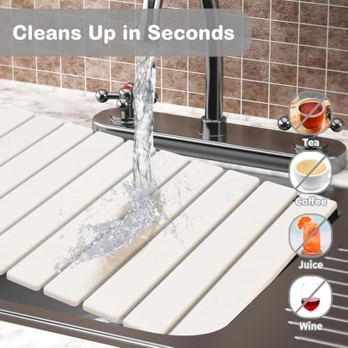 Large Stone Dish Drying Mat for Kitchen Counter – 24"(L)×16 "(W) Foldable Super Absorbent Diatomaceous Earth Stone Dish/Bath Mat, Kitchen Counter Mat for Plate Rack, Cup, Match Any Countertop - White