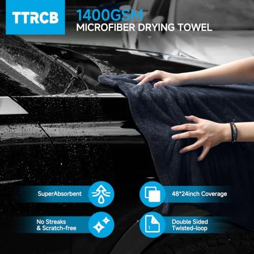 2 Pack Car Drying Towels, 48" x 24" Extra Large Microfiber Towels for Cars, Ultra-Absorbent 70/30 Blend, 1400 GSM, Streak Free, Twisted-Loop Drying Towels Car Detailing for SUV, RV, Truck