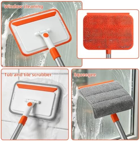 Wall & Baseboard Cleaner Mop Tool with 49'' Long Handle for Cleaning Window Floor Skirting Board Ceiling Bathtub Tub Tile Scrubber Brush Duster with 4 Reusable Pads