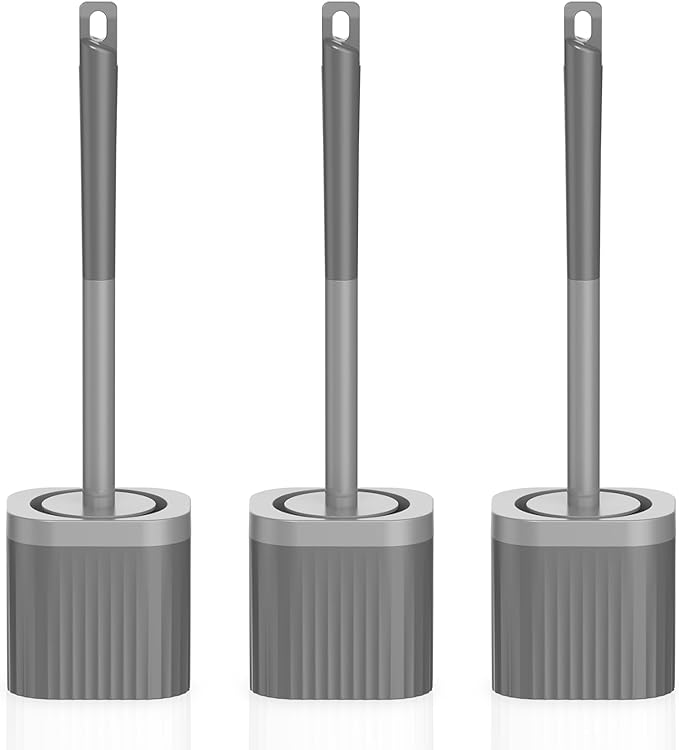 Toilet Bowl Brush and Holder, 3 Pack Compact Toilet Brush Set with Nylon Bristles Toilet Brush Hidden Scrubber Brushes for Bathroom Cleaning-Grey