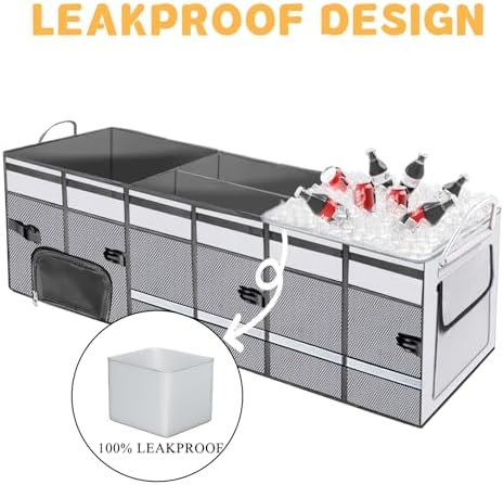 Car Trunk Organizer and Storage with Separate Compartment for 1 Pair of Shoes, Heavy Duty with Lid & Removable Leakproof Cooler Bag, Collapsible Large Trunk Organizers for SUV Sendan (Grey)