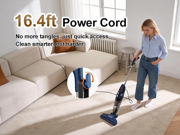 Corded Stick Vacuum for Pet Hair & Hard Floors - Lightweight, 3-in-1 Handheld with 180°Left-Right Steering, 14KPA Powerful Suction on Low-Pile Carpet, HEPA Filter, 16.4ft Cord, 0.7L Capacity (VA001)
