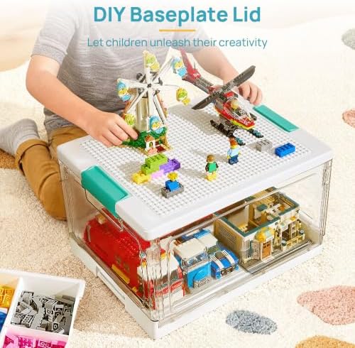 24 QT Clear Plastic Storage Box with Building Baseplate Lid,1 Pack