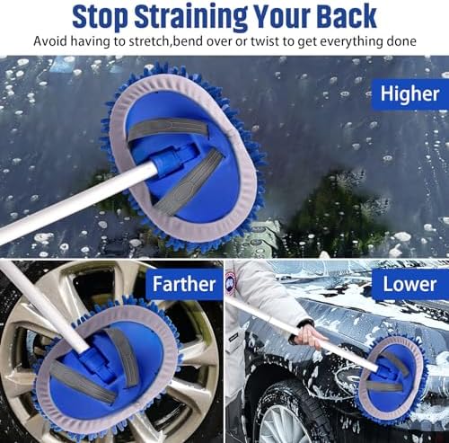 62" Microfiber Car Wash Brush with Long Handle Car Washing Mop Kit Mitt Sponge Car Cleaning Supplies Kit Duster RV Washing Car Brush Accessories, 1 Chenille Scratch-Free Replacement Head