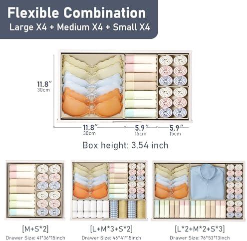 Drawer Organizer Clothes, 12 Pack Dresser Organizer for Nursery, Baby Clothes, Underwears, Sock, Fabric Dresser Bins, Drawer Dividers, Foldable Closet Organizers and Storage(Beige)
