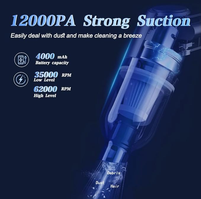 Handheld Car Vacuum Cleaner Cordless, 12000PA High Power Portable Vacuum, Rechargeable Mini Vacuum Cleaner & Air Duster, 4 IN 1 Hand Held Vacuum with Multi-Nozzles for Car, Home, Office, Pet Hair