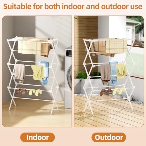 Drying Rack Clothing, 3-Tier Clothes Drying Rack Foldable, Antirust Laundry Drying Rack Collapsible Use for Indoor & Outdoor, 11.8" D x 34.6" W x 35.4" H, White