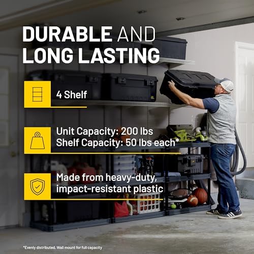 4-Shelf Plastic Storage Shelves, 48” x 23” x 14”, 200lb Capacity, Pantry, Office, Closet and Garage Shelves, Easy to Assemble, Durable Plastic Shelving Unit