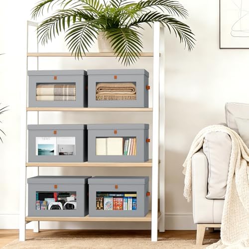 Storage Bins with Lids - 4 Pack Large Fabric Closet Organizer with Window & Handles, Collapsible Decorative Storage Boxes for Shelves Under Bed, Books Clothes Blankets Sweaters Organization