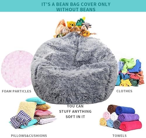 Fluffy Stuffed Animal Storage Bean Bag Chair Cover (No Filler), Faux Fur Comfy Bean Bag Cover for Organizing Plush Toys or Textile, for Adults Teens Kids Girls, Gray