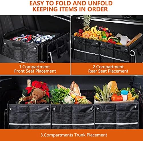Car Trunk Organizer with Insulated Cooler Bag, Foldable & Waterproof Storage Organizer with Lid for SUV, Truck, Sedan - 4 Large Adjustable Compartments, Heavy Duty & Collapsible Design