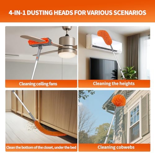 Ceiling Fan Cleaner Duster with 72‘’ Extendable Long Handle Cleaning Duster Kit, Reusable Chenille & Microfiber Mop Head for High Ceiling Fan Blade Wall Blinds Cobweb
