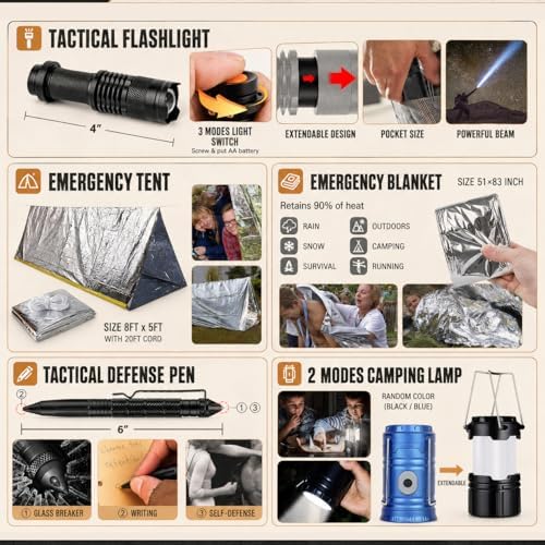 Survival Kit, 250Pcs Survival Gear First Aid Kit with Molle System Compatible Bag and Emergency Tent, Emergency Kit for Earthquake, Outdoor Adventure, Hiking, Hunting, Gifts for Men Women