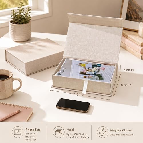 Photo Storage Box for 8x10 Photos, Acid-Free Organizer Box with Lid, Beige