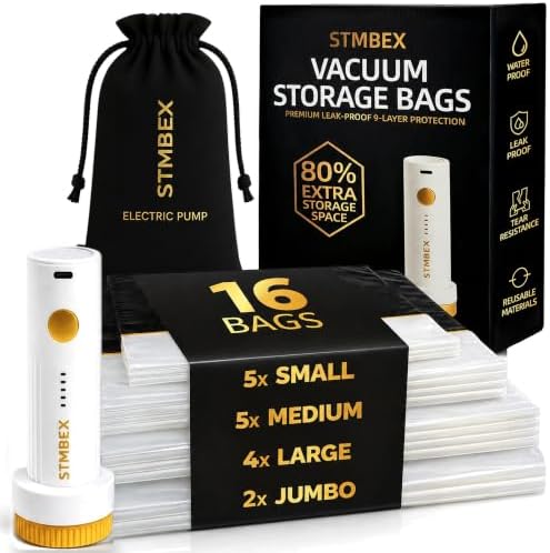 16 Pack Vacuum Storage Bags with Electric Pump, Travel Compression Bags