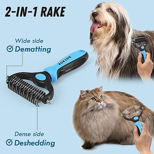 Pet Grooming Combo - Blue Deshedding Brush with Metal Comb for Detangling and Dematting Long, Matted Fur on Cats and Dogs