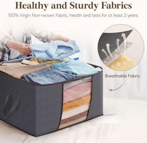 3 Pack 90L Clothes Storage Bins with Lids, Foldable Blanket Storage Bags with Zippers, Clear Window and Reinforced Handles, Closet and Organization for Clothing, Sweater, Comforter, Bedding