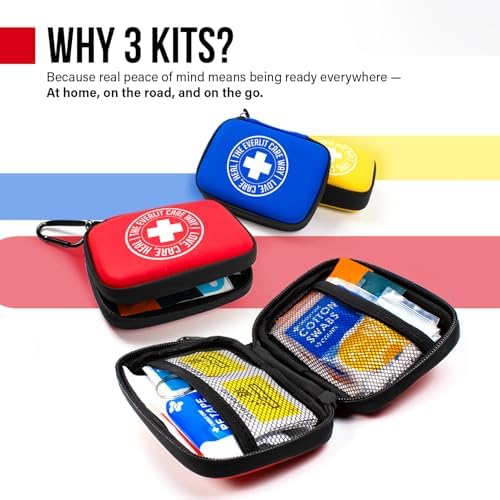 Mini-Aid First Aid Kit | Compact & Lightweight Case with Carabiners for Travel | Family & Kid Friendly 180 Pcs Wound Care Supplies for School, Work, Outdoor, Home & Office | Pack of 3