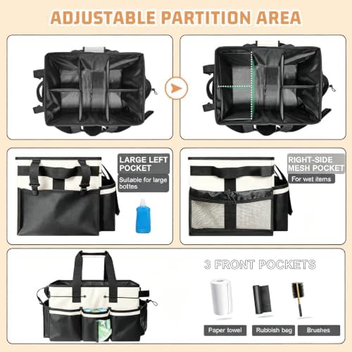 White Cleaning Caddy, Large Cleaning Bag with Handle & Adjustable Shoulder Strap, Tool Bag for Cleaning Supplies Organizer, Multi-Compartment Cleaner Caddy for Home, Car, Garden