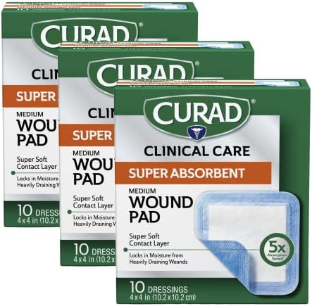 Super Absorbent Wound Pad, Medium, 4" x 4", 10 Count, 3 Pack