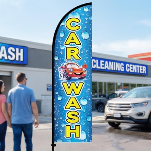 Double Sided Car Wash Feather Flag with Pole Kit, 8FT Outdoor Car Wash Advertising Flag Set with Durable Polyester, High Visibility Sign for Auto Wash, Detailing Shop, Roadside Promotion