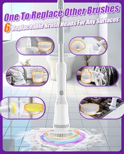 Electric Spin Scrubber, Cordless Long Handle, 6 Attachments