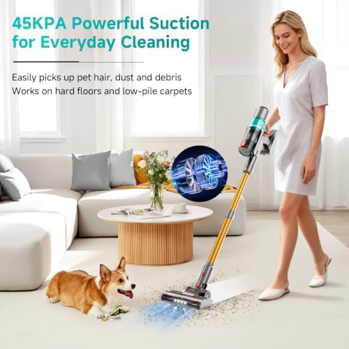 Cordless Vacuum Cleaner, 45KPa Powerful Stick Vacuum with Anti-Tangle Brush