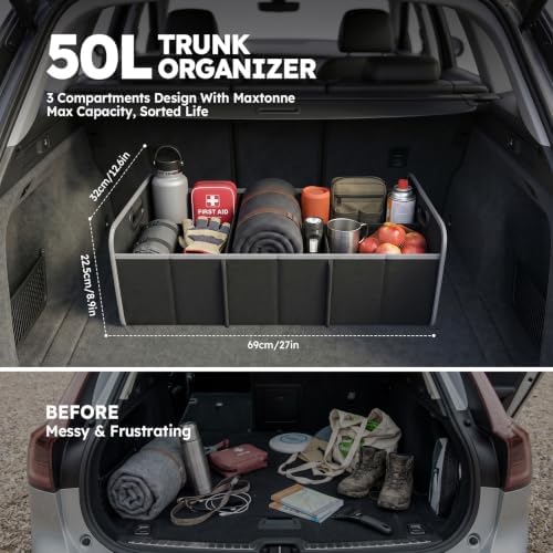 3-Comp Car Trunk Organizer with Securing Straps & Built-in Handles