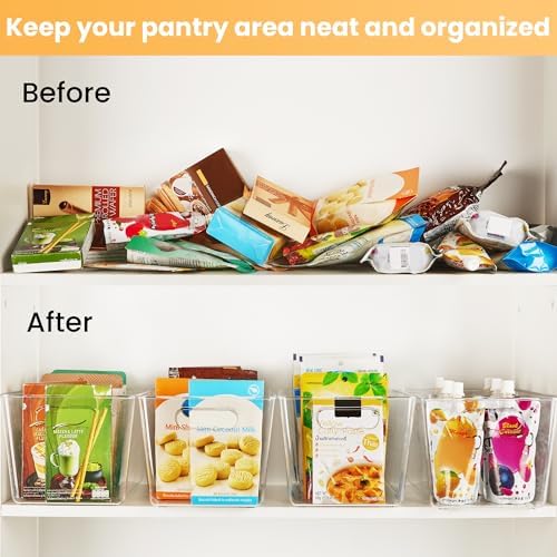 6 Pack Clear Storage Bins, Pantry Organizer Bins with Handle, Large