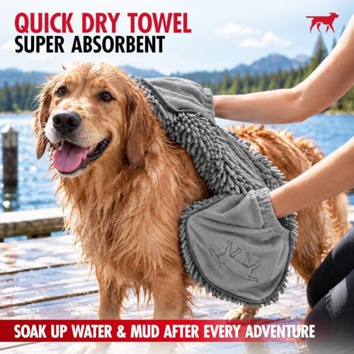Quick Dry Towel for Dogs | Ultra Absorbent Microfiber Shammy | Extra Large 35x15 Size Dog Bath Towel | Comfortable Hand Pockets | Indoor Outdoor Use | Durable Material | Machine Washable