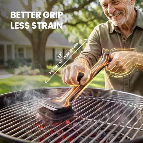 Bristle-Free BBQ Grill Brush - No Wire Risk Steam Cleaner Removes Burnt Grease Fast - 17" Cool-Touch Handle, Scraper & 3 Replaceable Heads for Gas, Charcoal & Cast Iron