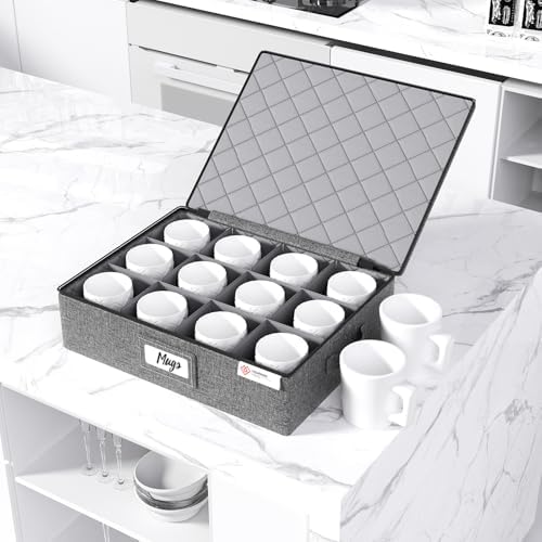 Cup and Mug Storage Box 2 Pack with Hard Shell and Dividers for Coffee Mugs,Tea Cups and Glasses,Stackable Storage Organizers with Lid,Handles,Zips and Label for Moving,Holds 24, Grey