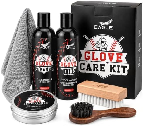 Baseball Glove Care Kit – Glove Cleaner (8oz), Oil (8oz), Conditioner (3.38oz), 2 Applicators & Cloth – Complete Leather Glove Maintenance Kit for Baseball, Softball, Catcher’s Mitts & More