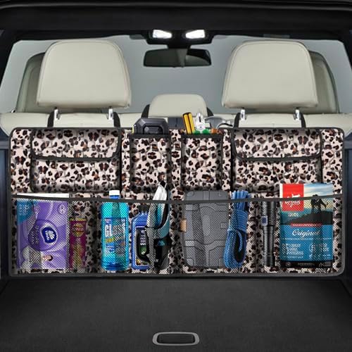 Car Trunk Organizer, Super Capacity Backseat Car Organizer for SUV/Truck/MPV, Hanging Car Storage Organizer with 8 Pocekts, Car Accessories for Women and Men- Leopard print