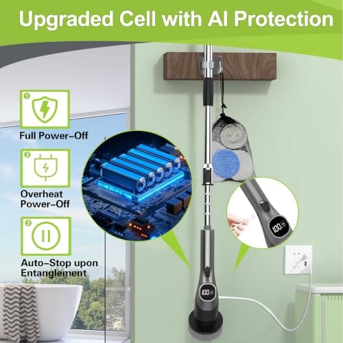 Electric Spin Scrubber - 10-in-1 Cordless Shower Scrubber & Cleaning Brush with Extendable Handle, 42 in-lbs Ultra High Torque, 2 Speeds, IPX7, LED Display, Smart AI Chip, for Bathroom, Kitchen
