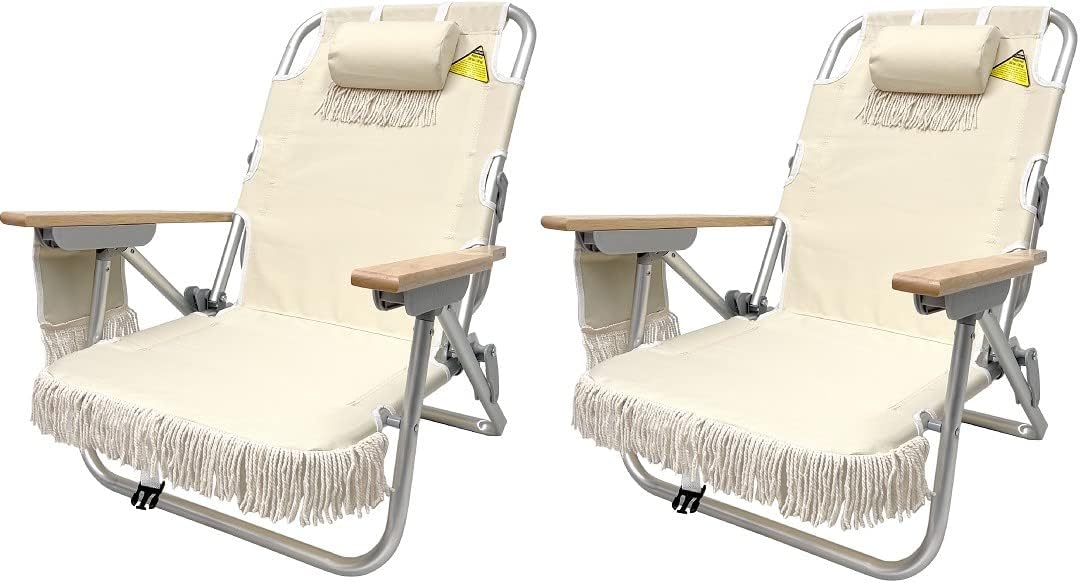 EasyGo Product Tassel Backpack Beach Chair 5 Positions and Cup Holder Pouch on Side-Padded Pillow-Storage Bag on Back – Lightweight Rustproof Aluminum – Black Frame, 2 Pack TAN