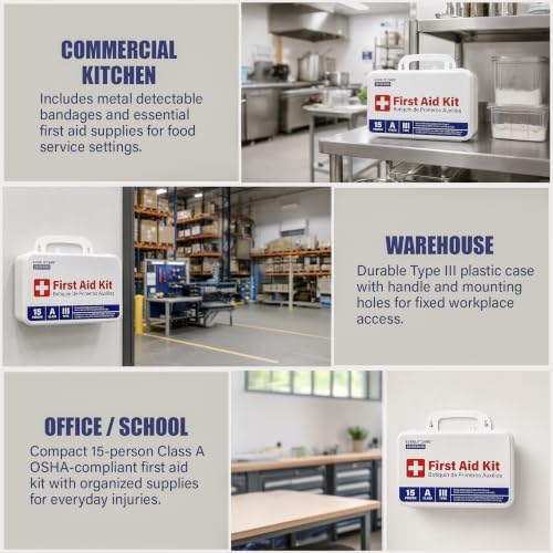 Small OSHA-Compliant First Aid Kit | ANSI Class A Type III, Mountable Emergency Kit with Metal Detectable Bandage for Business, Manufacturing, Industrial, Commercial Kitchen & Restaurant