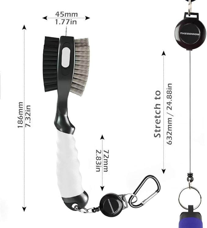 THIODOON 2 Pack Golf Club Brushes and Groove Cleaner 2 ft Retractable Zipline Carabiner Golf Brush Head with Retractable Spike Comfortable Grip Golf Club Cleaner