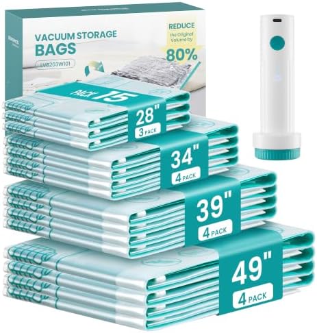 Vacuum Storage Bags, Rechargeable Portable Electric Pump, 15 Pack