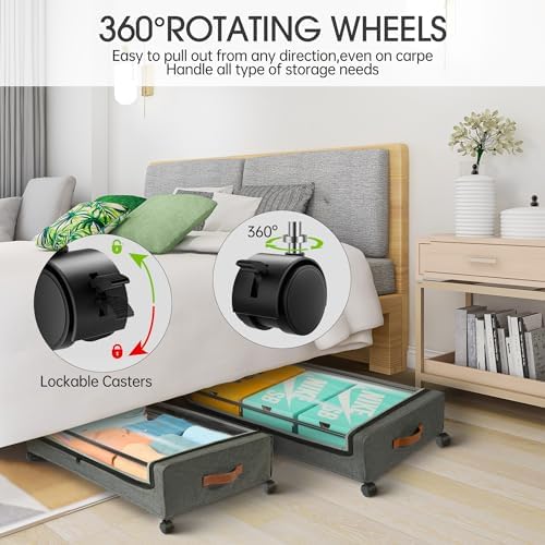 Under Bed Storage with Wheels, 2 Pack Under Bed Storage Containers, Rolling Under Bed Shoe Storage Organizer, 30.71 x 16.93 x 6.69 in