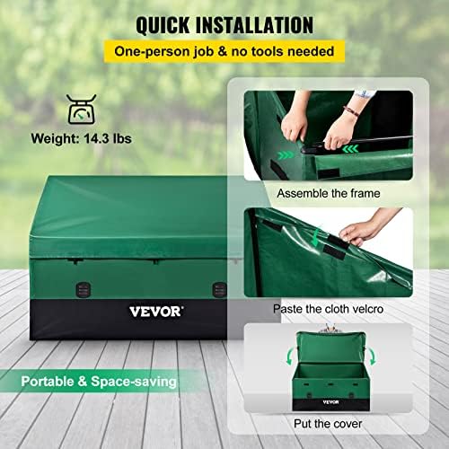 Outdoor Storage Box, 150 Gallon Waterproof PE Tarpaulin Deck Box w/Galvanized Frame, All-Weather Protection & Portable, for Camping, Garden, Poolside, and Yard, Black & Green