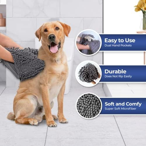 Doggy Dryer, Highly Absorbent Microfiber Washable Dog Shammy Quick Drying Towel Absorber - Extra Soft Plush Wrap Chenille Bath Towels to Dry Soggy Large Pets & Small Puppy-Grey 13"x31"
