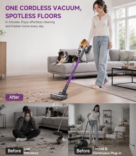 Cordless Vacuum Cleaner, 750W 70KPA Vacuum Cleaners for Home, 75Mins Stick Vacuum Cordless Rechargeable with Anti-Tangle, 8-in-1 Lightweight Wireless Vacuum for Pet Hair Hardwood Floors Carpet